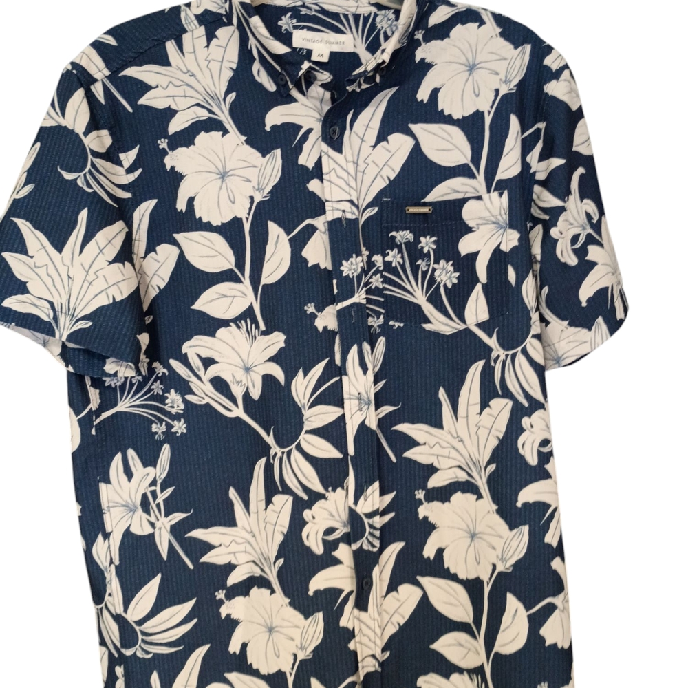 Blue and White Floral Casual Button Down Shirt